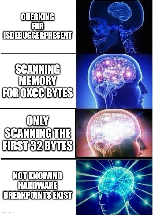 Expanding brain : de IsDebuggerPresent a ignorer lexistence des breakpoints materiels